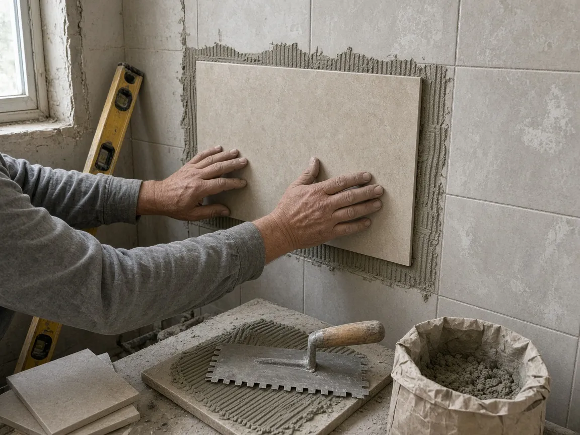 Shower tile install Reference photo of hands setting wall tile in a shower