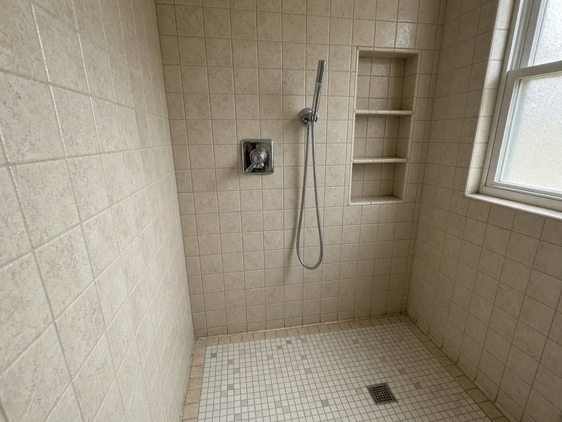 Walk-in shower tile, Topeka KS Tiled walk-in shower with a handheld sprayer and shampoo niche, bathroom remodeling Topeka KS reference