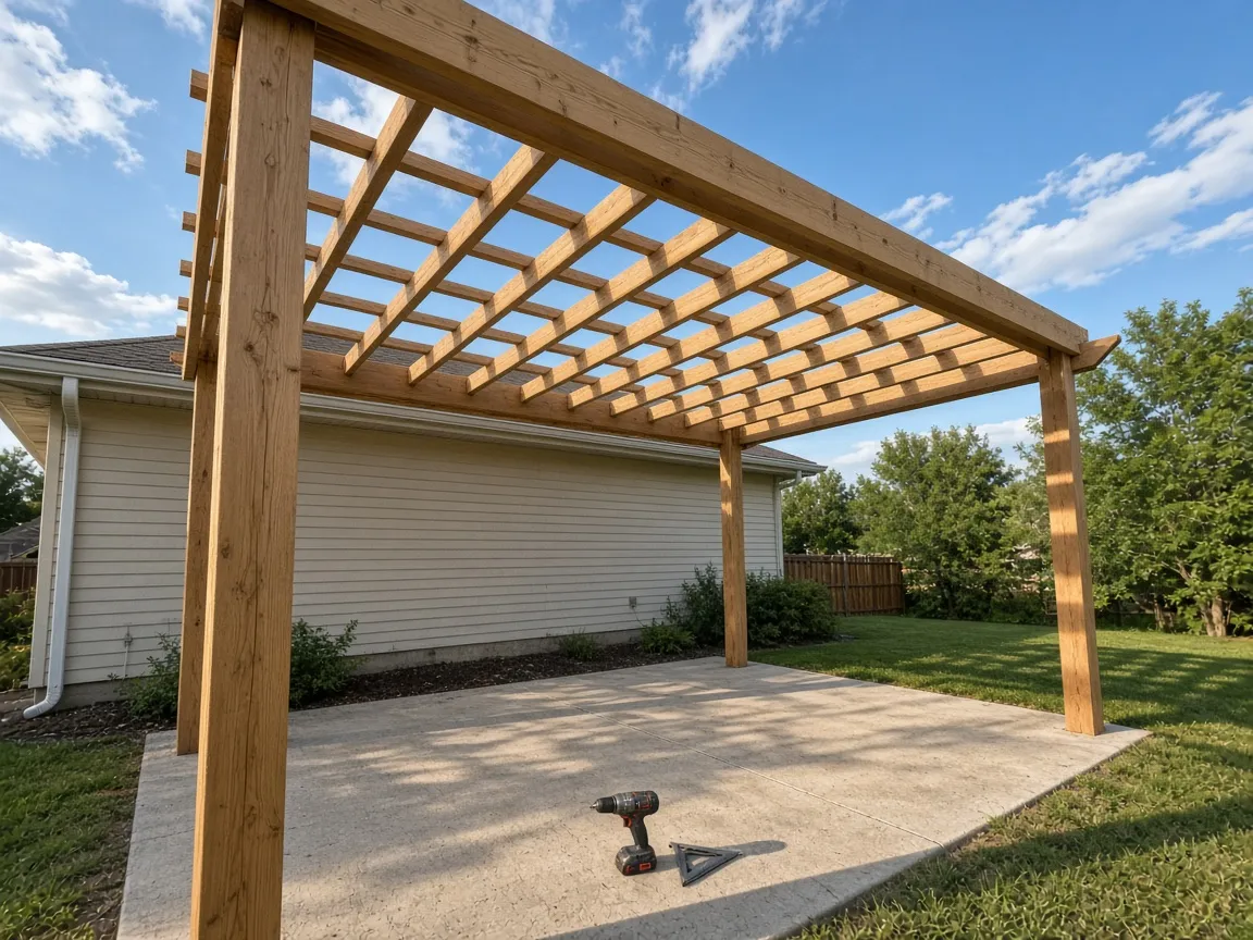 Wood pergola Reference photo of an open-roof cedar pergola over a patio